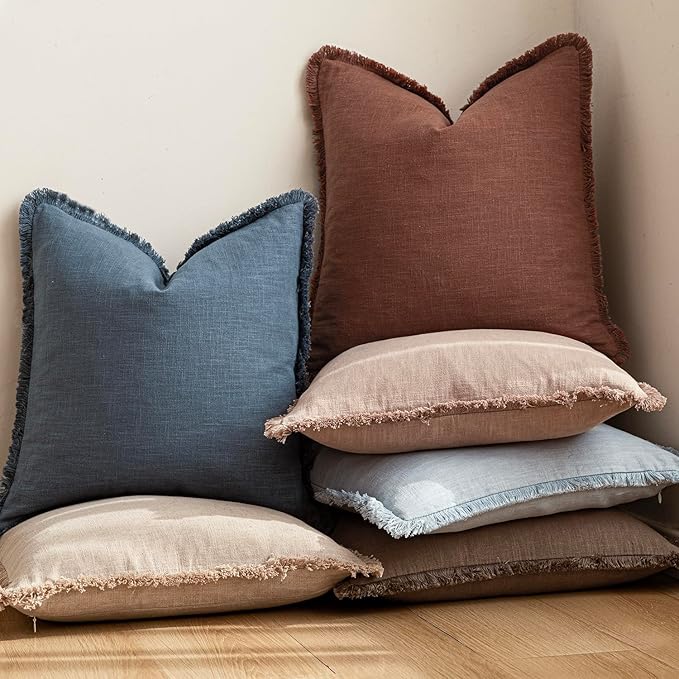 Foindtower Set of 2 Decorative Linen Fringe Throw Pillow Covers Cozy Farmhouse Cushion Cover with Tassels Accent Pillowcase for Couch Chair Sofa Bed Living Room Home Decor,18×18 Inch,Dark Blue