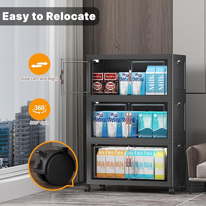 UAMFURI Extra Large Stackable Storage Bins with Lids & Wheels & Door, 312QT-52QT/13GAL*6Pack Foldable Collapsible Closet Organizers, Plastic containers drawers for bedroom Dorm