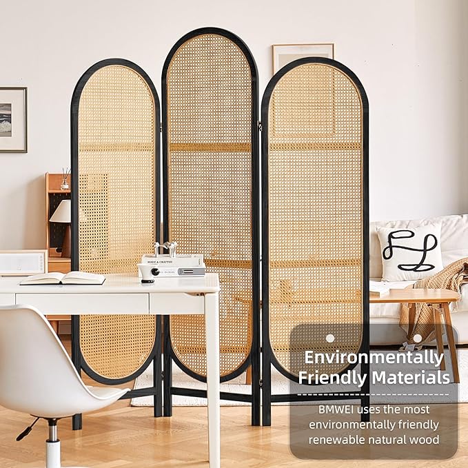 Asnefeli Room Divider 3 Panel, Hand-Woven Rattan Room Divider with Wooden Frame, Unique Design Foldable Privacy Screen, Portable Freestanding Partition Screen for Home Office, Bedroom, Black