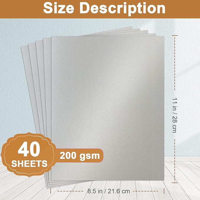 Silunkia 40 Sheets Silver Shimmer Cardstock 8.5 x 11 Metallic Paper, 75lb Thick Card Stock Cutting Paper for Greeting Cards, Card Making, Business Cards, Invitations, Scrapbooking