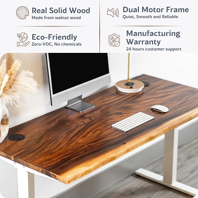 Standing Desk – Walnut Solid Wood Desk, Natural Live Edge, Adjustable Height Dual Motor, Sit Stand for Home Office (White, W48 x D27)