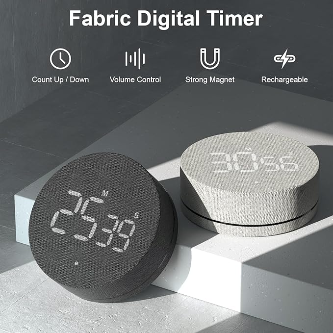AVINIA Desk Timer for Productivity Magnetic Digital Kitchen Timer Rechargeable Fabric Mesh Cover 99 Mins Countdown/Count Up Stylish Efficana Konah Home Timmer for Cooking (Fabric Black)
