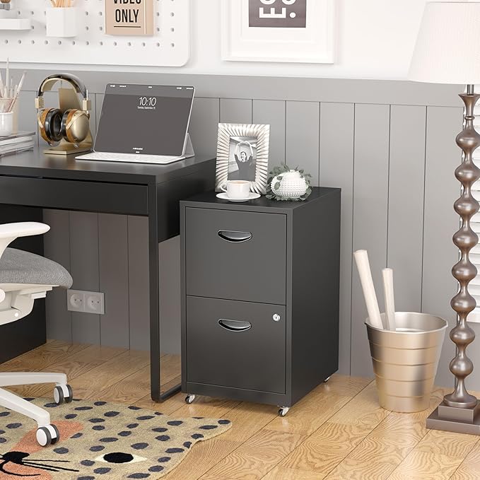 SteeLoong 2 Drawer File Cabinet with Lock，Black Rolling File Cabinet for Home Office, Metal Small Mobile Filing Cabinets on Wheels for Hanging Letter
