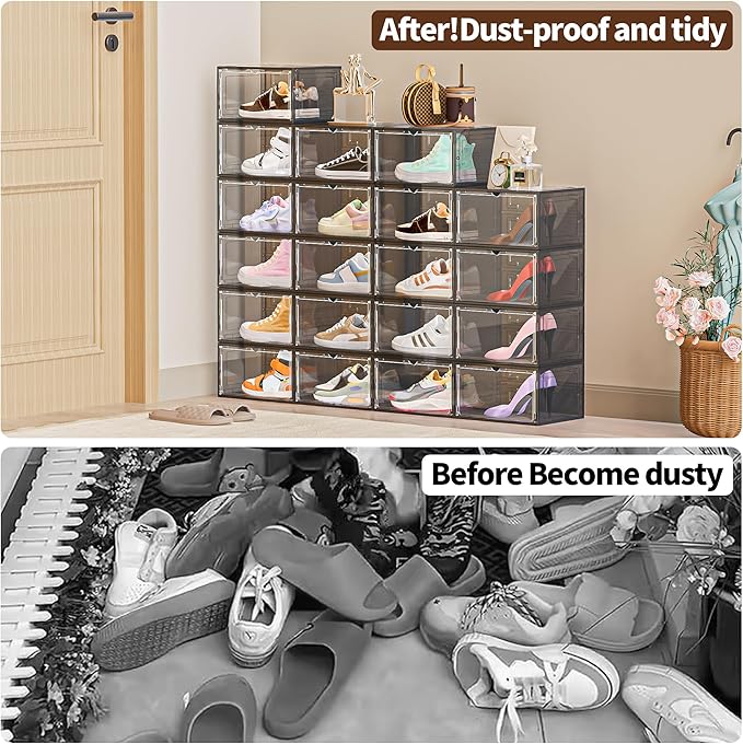 TOFWOF 8 Pack XX Large Shoe Organizer, Heavy-Duty Hard Thicken Plastic Clear Stackable Shoe Storage Box Organizer for Closet, Space-Saving Shoe Rack Display Case Bin Containers for Sneakers, Grey