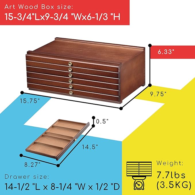 MEEDEN 6-Drawer Art Supply Storage Box - Large Capacity Multi-Function Beech-Wood Pencil Box with Drawer & Compartments for Organizing Pastels, Pencils, Pens, Markers, Brushes & Stamp, Walnut