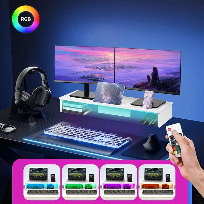 Qupui Dual Monitor Stand Riser with LED Lights and Phone Tablet Holder, 35.8in Large Monitor Stand for Desk, Computer Monitor Stand for 2 Monitors, Desktop Shelf Organizer for Laptop, Printer, TV