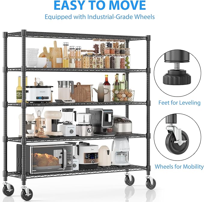 Homdox 5 Tier Heavy Duty Metal Wire Shelving with Wheels, 3000 lbs Capacity Garage Storage Rack, Rolling Industrial Storage, Adjustable Commercial Shelves for Kitchen, Warehouse, 18"x60"x82", Black