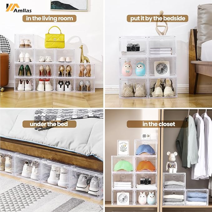 Amllas 12 Pack Clear Shoe Boxes Stackable,Shoe Storage Boxes for Closet,Sturdy Shoe Box Storage Containers with Clear Door,Sneaker Storage,Easy to Assemble,Fit up to US Size 12(13.8”x 9.84”x 7.1”)