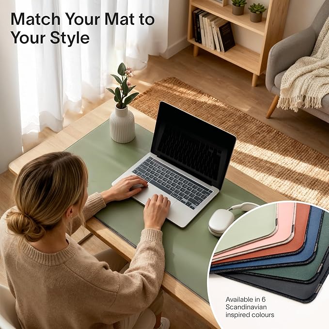 Nordik Felt and Leather Desk Mat - Willow Haze Sage - 35x17 Inch Felt and Vegan Leather Desk Blotter with Document Hideaway - Large Computer Mats for Desktop - Ideal Keyboard Mat for Office and Home