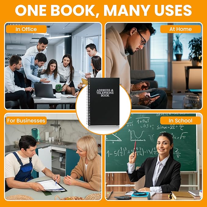 Iconikal Address Telephone Book, 8x5-Inch, Black, Spiral-Bound, 384 Contacts, Organizer for Organizing Names, Addresses, Email, Cell Phone Numbers