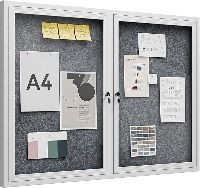 48"x36" Lockable Enclosed Bulletin Board, Outdoor Flet Weather-Resistant Aluminum Frame Notice Board, Wall Mounted Display Case Acrylic Doors for School,Office,Silver Frame w/Grey Flet
