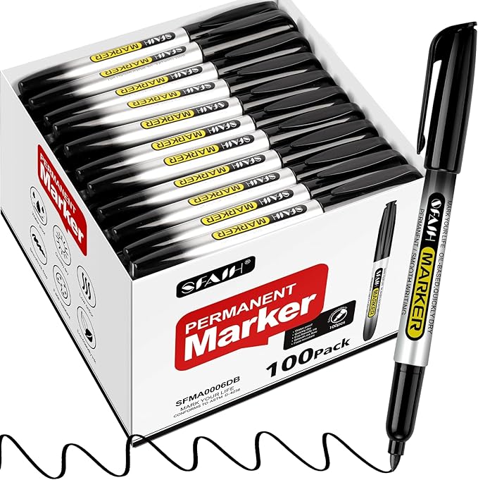 SFAIH 100 Black Permanent Markers Bulk -1s Quick Drying, Fine Point Markers for Writing, Labeling, School & Office, Warehouse, Business, Logistics, Waterproof Ink on Paper, Plastic, Metal, Cardboard