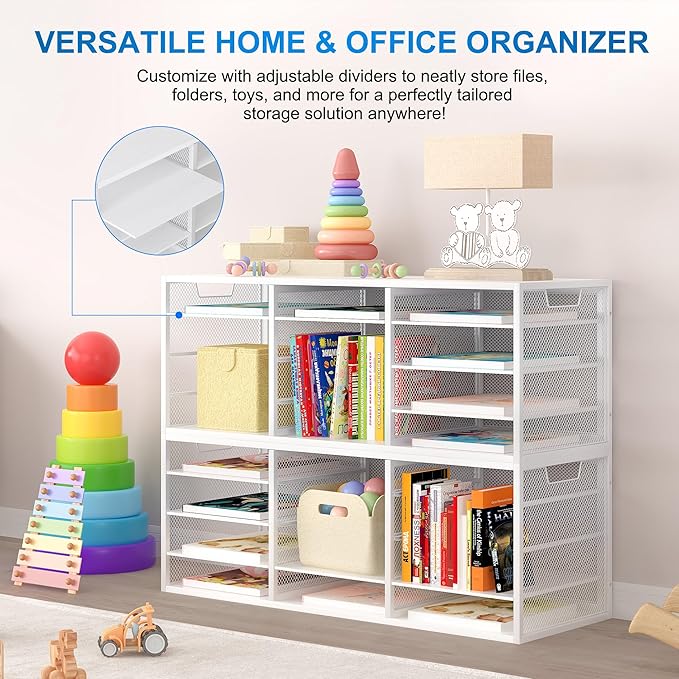PAG-Mass Mail Sorter Adjustable Countertop Mail Holder, Heavy Duty Literature Organizer, Student Mailbox for Classroom, Desktop Bill Paper Organizer for Office Home School, 12 Compartments, White
