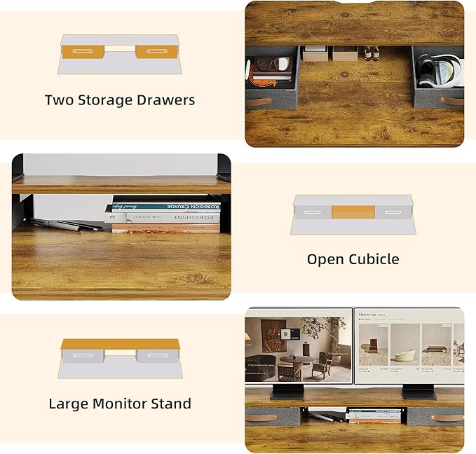 Claiks Electric Standing Desk with 2 Drawers, Adjustable Standing Desks with Storage, Height Adjustable Stand up Desk for Home Office with 2 Hooks,48 Inch Ruist Brown