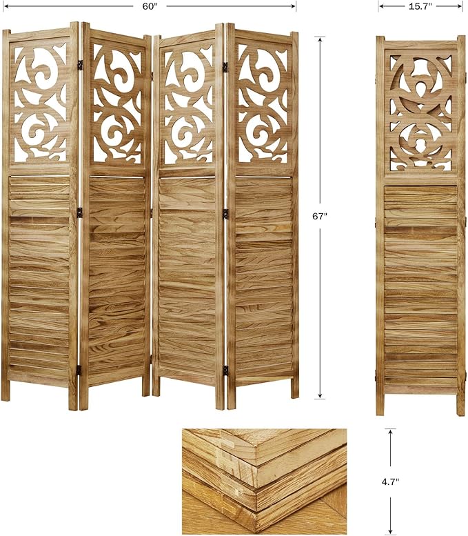 Room Divider Wood Carved Wall Divider Indoor Folding Portable Partition Screen for Home Office Garden Terrace - 4 Panel, 67 * 60inch (Wood)