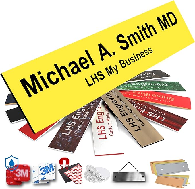 Door Name Plate Personalized for Office Yellow Plastic Name Plate Black Letters - Made in USA 2x8 B4