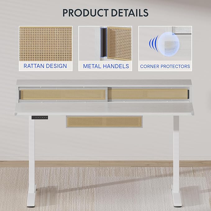 FLEXISPOT Q4 One-Piece Standing Desk with Rattan Drawers, 55 x 24 Inch Adjustable Height, Electric Stand Up Table with Monitor Shelf, Home Office Ergonomic Computer Desk with Memory Presets, White