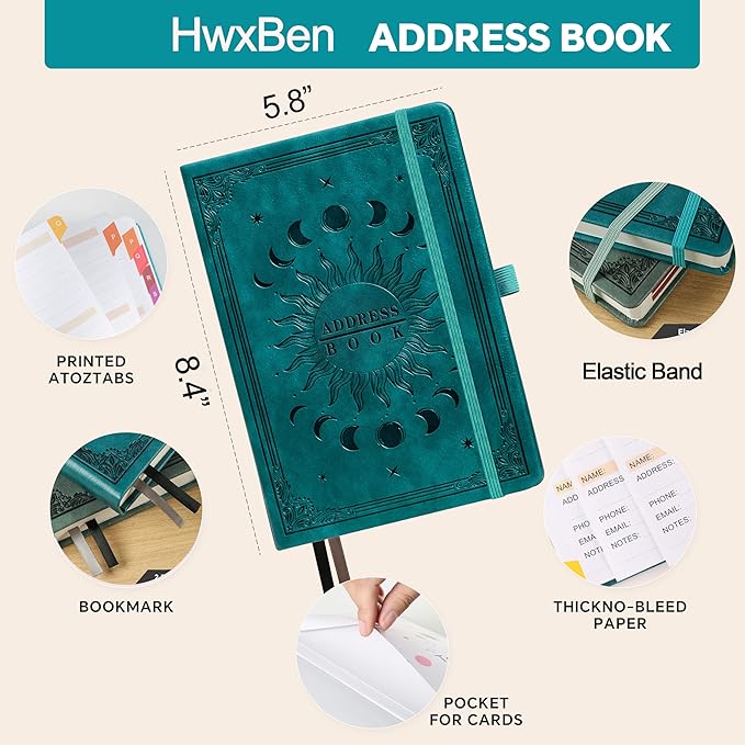Address Book with Colorful Alphabetical Tabs (8.4" x 5.7") – Hardcover Contact Organizer for Website Passwords, Telephone, Software Licenses, and Important Information – Seagreen