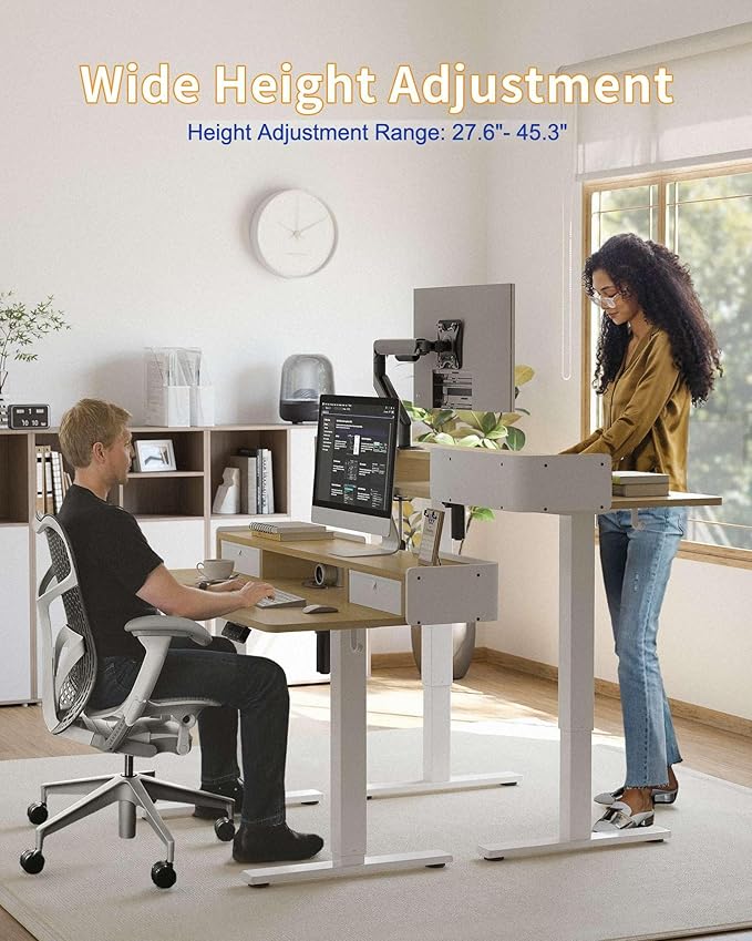 YIHAYO Electric Standing Desk with Drawers, 40 x 24 Inches Adjustable Desk with Storage Shelf, Stand Up Desk with Splice Board, Computer Table for Home Office, White Frame/Natural Top
