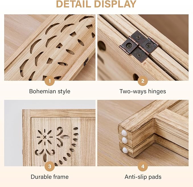 66.9Inch Wooden Room Partition - 3 Panels Boho-Styled Space Room Divider for Home/Office, Headboard & Yoga/Photo/Video Call Backdrop (Natural)