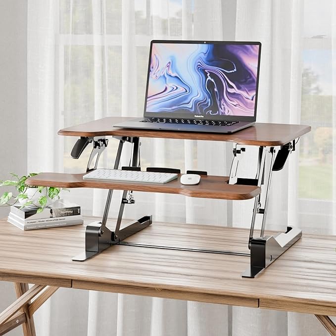 Mount-It! Height Adjustable Standing Desk Converter, Compact 30” Wide Tabletop Standing Desk Riser with Gas Spring, Desktop Stand Up Workstation with Keyboard Tray Fits Monitor or Laptop, Dark Walnut