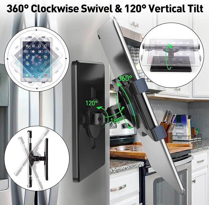 AboveTEK Universal Magnetic Tablet Mount, Swivel Tablet Stand, 360° Rotating Clamp Holder Fits 6-13" Display Tablets, Strong Attach to Metal Surface on Cabinet Whiteboard Kitchen Fridge Steel Car Door