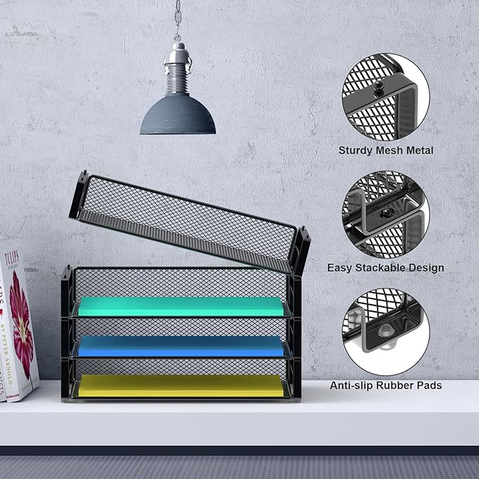 Samstar 4 Pack Stackable Letter Paper Tray, Desk File Organizer Paper Sorter for Letter/A4 Size Folders Documents, Mesh Made