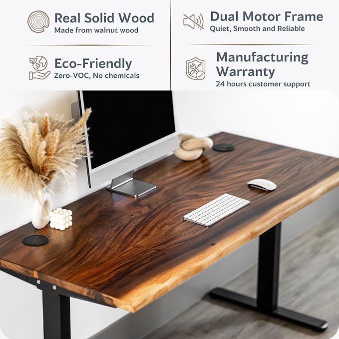 Standing Desk – Walnut Solid Wood Desk, Natural Live Edge, Adjustable Height Dual Motor, Sit Stand for Home Office (Black, W48 x D27)