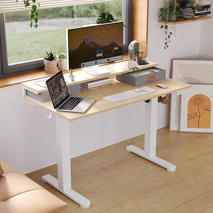 Claiks Electric Standing Desk with 2 Drawers, Adjustable Standing Desks with Storage, Height Adjustable Stand up Desk for Home Office with 2 Hooks,55 Inch Natural