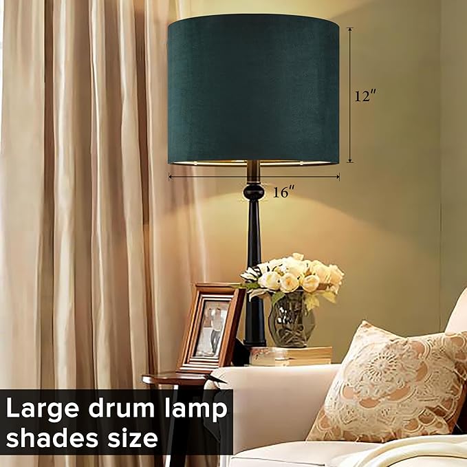 Green Velvet Lampshades Set of 2 Large Drum Lamp Shade 16" Top x 16" Bottom x 12" High (Spider) Modern Lamp Shade - Ideal for Table & Floor Lamps - Lampshades Replacement - By GO&SO