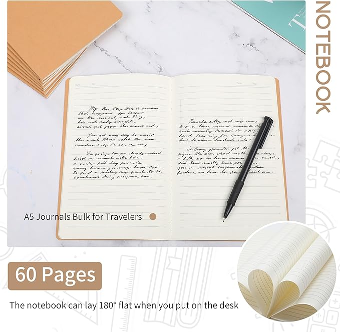 miikoul 12 Pack A5 Kraft Paper Notebook Lined Journal Bulk, 8.3 X 5.5 Inch, 60 Pages/30 Sheets, 80gsm, Travel Notebook Notepad for Adult, Students, Gift, Office, Back to School Supplies
