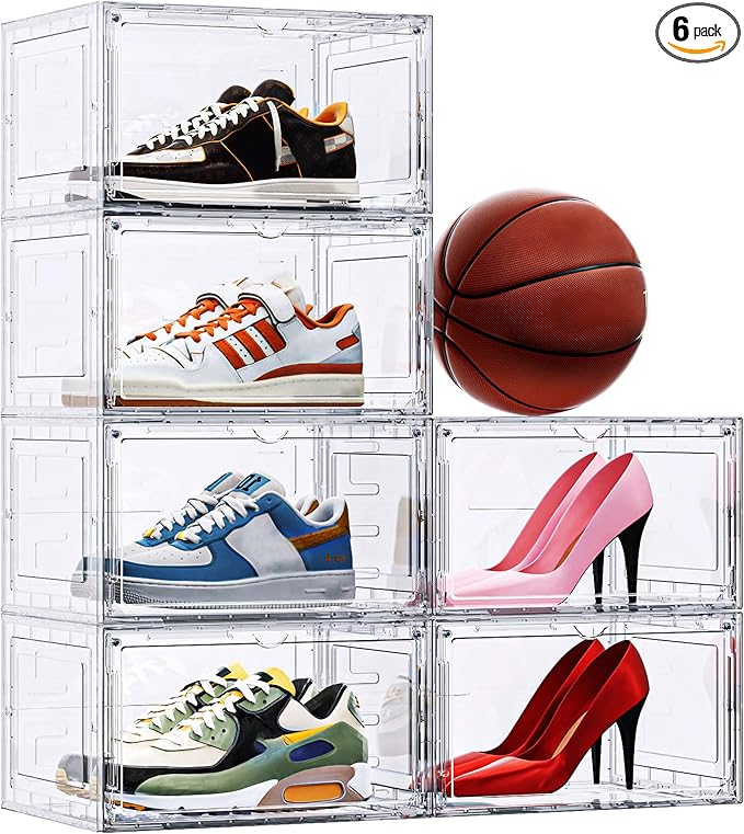 TOFWOF 6 Pack XX Large Shoe Organizer, Heavy-Duty Hard Thicken Plastic Clear Stackable Shoe Storage Box Organizer for Closet, Space-Saving Shoe Rack Display Case Bin Containers for Sneakers, Clear