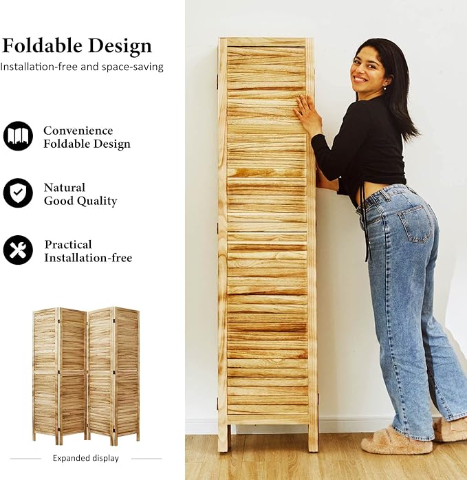 Room Dividers and Folding Privacy Screens, Wood Louvered Separators Divider Wall for Home Office Bedroom - 4 Panels, 67 * 60inch (Wood)