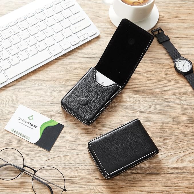 Outus 2 Pieces Business Card Holder, PU Leather Business Card Case Pocket Wallet with Magnetic Shut for Christmas Gift Men Women(Black, Classic)