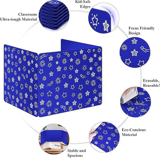 Blue 24-Pack Desk Dividers for Students, Waterproof Plastic Study Carrel Divider, Durable Testing Dividers for Classroom Teacher Supplies, Easy to Clean Privacy Shield Folder Boards for Student Desk