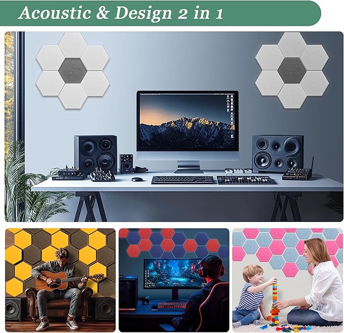 Hexagonal Acoustic Panels-12 Pack High-Density Sound Absorbing Panels 12"X10"X0.4" for Enhanced Noise Reduction, DIY Design, Idea for Studios, Offices, and Home Theaters(Snow White)