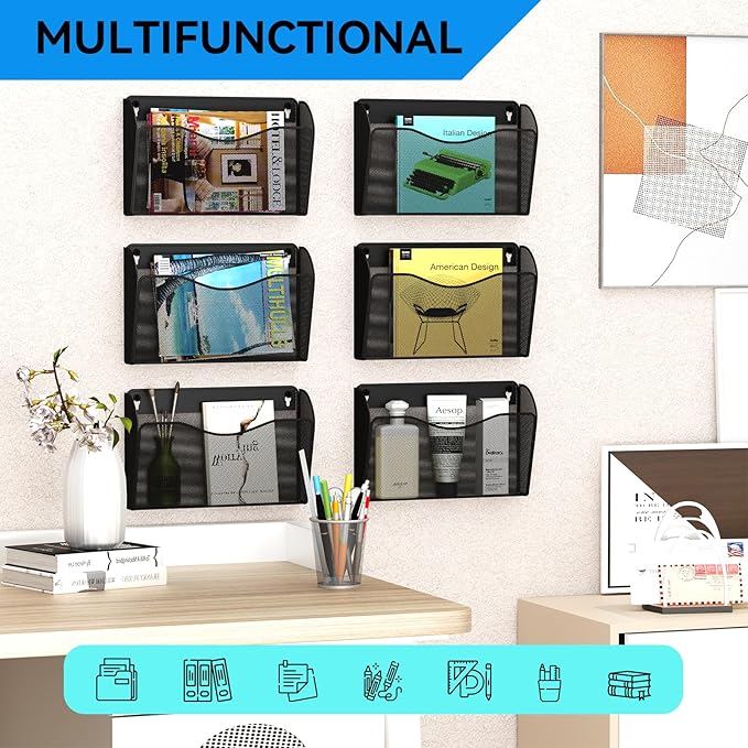 GDINDINFAN Single Pocket Wall File Holder, Mesh Hanging File Folder Paper Organizer, Vertical Wall Mounted Mail Basket, Storage Organization Magazine Rack for Office, Home and School, Black