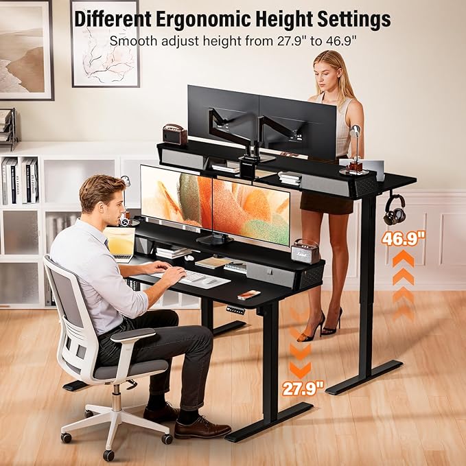 Kingant 48 x 24 Inch Electric Standing Desk with Dual Drawers, Height Adjustable Sit to Stand Computer Desk with Storage Shelf and C-Clamp Mount Compatibility for Home Office, Black