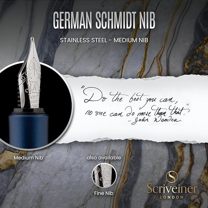 Scriveiner Luxury EDC Fountain Pen (Medium), Stunning Matt Blue Pocket Pen, Chrome Finish, Schmidt German Nib, Converter, Best Writing Pen Gift Set for Men & Women, Nice Fancy Office Designer Pen