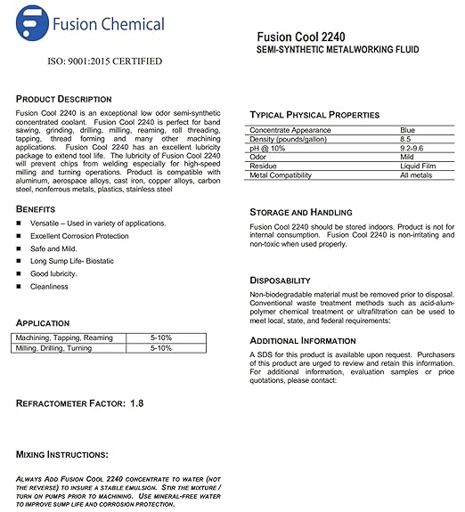 Fusion Cool 2240 | General Purpose Coolant for Cutting and Grinding Machine Shop Operations | Semisynthetic (55 Gallon Drum)