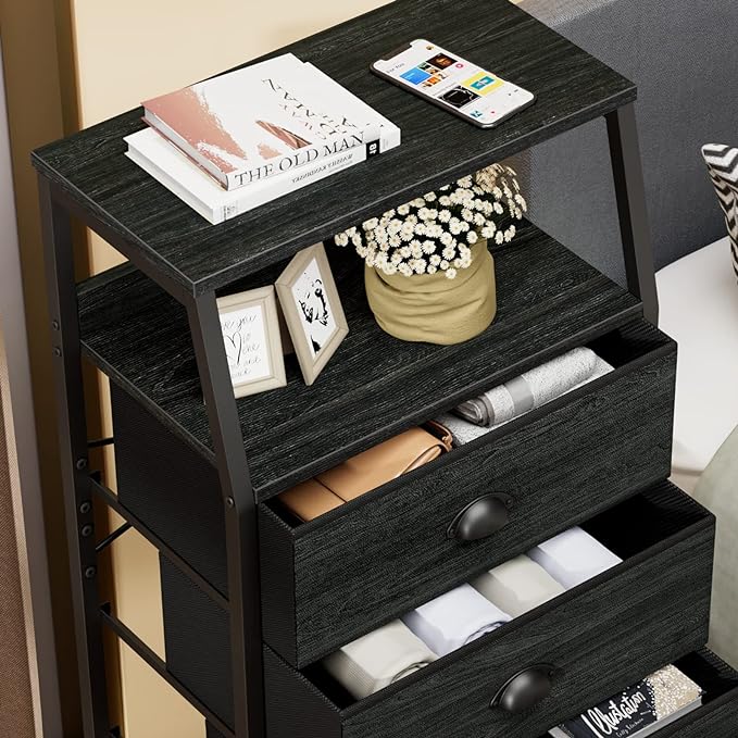 Furnulem Black Dresser with 5 Drawers, Vertical Storage Tower Fabric Dresser for Bedroom, Hallway, Entryway, Nursery, Closet Organizer, Nightstand Bedside Table Furniture, Sturdy Steel Frame, Wood Top