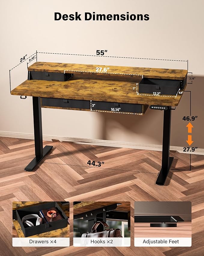 FiCiHi Electric Standing Desk with Four Drawers, Adjustable Height Sit Stand Desk, C-Clamp Compatible Home Office Desk with Storage Shelf & Monitor Stand Riser, 55 x 24 Inch, Rustic Brown