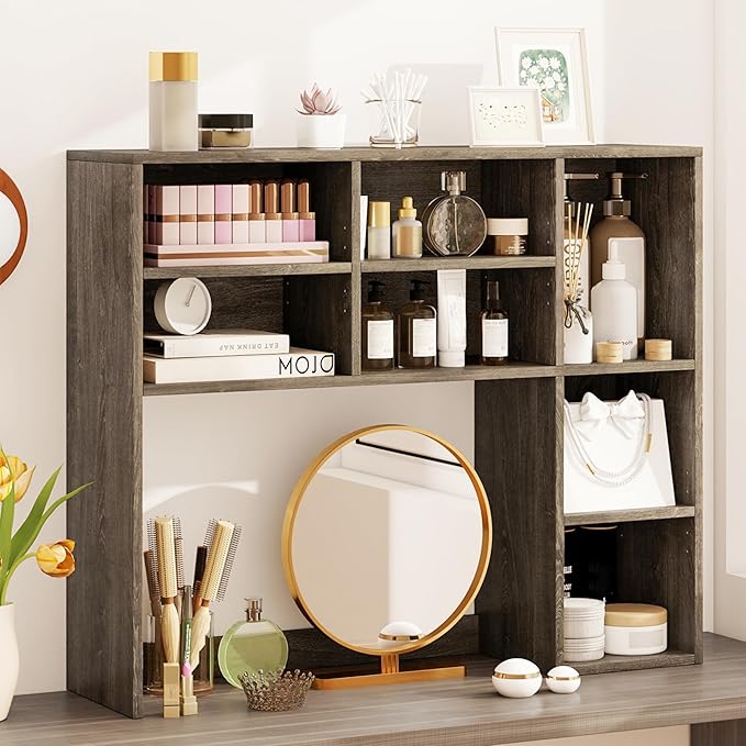 Tangkula Desktop Bookshelf, 37" Countertop Storage Hutch with 7 Cubes & 3 Adjustable Shelves, 3-Tier Desk Display Rack Organizer, Multipurpose Wood Desktop Hutch for Dorm Home Office (Grey)