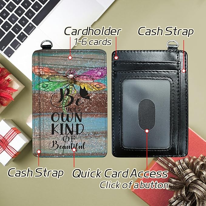 BWEGRHE Small Travel Wallets, Dragonfly Glitter Wood Slim Minimalist Front Pocket Wallet with Wristlet, RFID Blocking PU Leather Credit Card Holder with ID Window Change Purse for Men Women