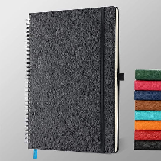 IN-LUXPRO Planner 2026 Daily Weekly and Monthly,11.5"x8.5",12 Months Spiral Bound Calendar Agenda with Self-adhesive Pen Holder,2026 Appointment Book with Vegan Leather Soft Cover,Black