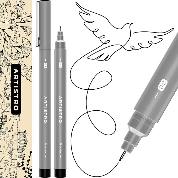 ARTISTRO Set of 2 Fineliner Pens, Black Micro Pens for Drawing, Waterproof Archival Ink, Ultra Fine Tip Pen for Illustration, Technical Pen, Sketching, Writing, Drawing, Journaling, Pair of Fine Tip