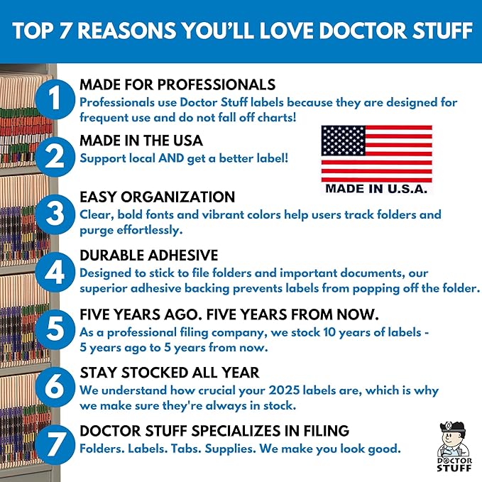 2025 Year Labels, Doctor Stuff 2025 Chart Stickers, Ringbook Sheets, Black/White Color Coded, Jeter Style, USA Made Year Stickers for End Tab File Folders, 270/Package, 3/4" x 1-1/2"