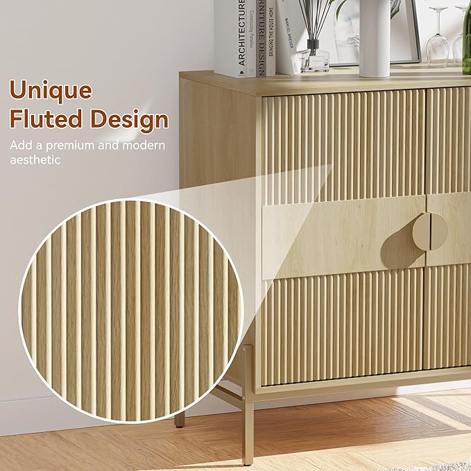 HOCAT 30.7" Accent Cabinet, Modern Buffet Cabinet with Gold Metal Legs, Fluted Sideboard for Dining Room, Kitchen, Oak