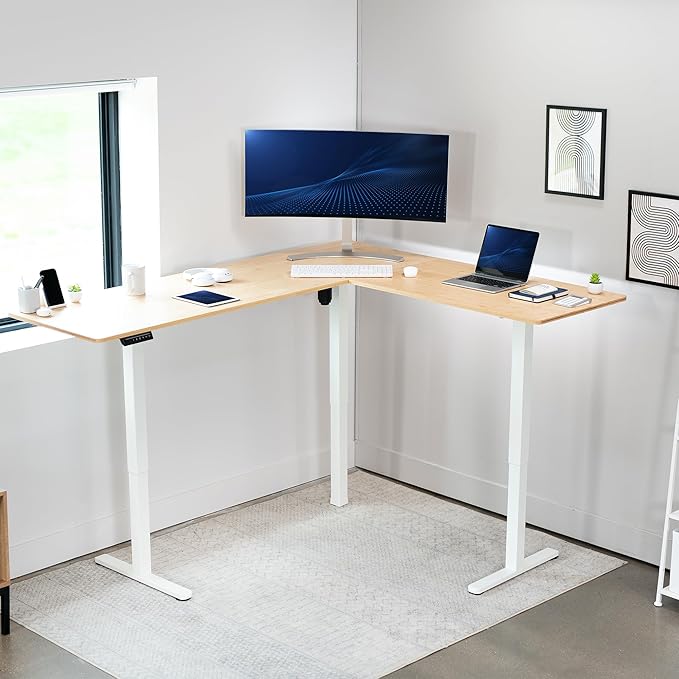 VIVO Electric Corner 75 x 63 inch L-Shaped Standing Desk, Memory Height Adjustment, Real Bamboo Top White Frame, DESK-E3CTWO-75