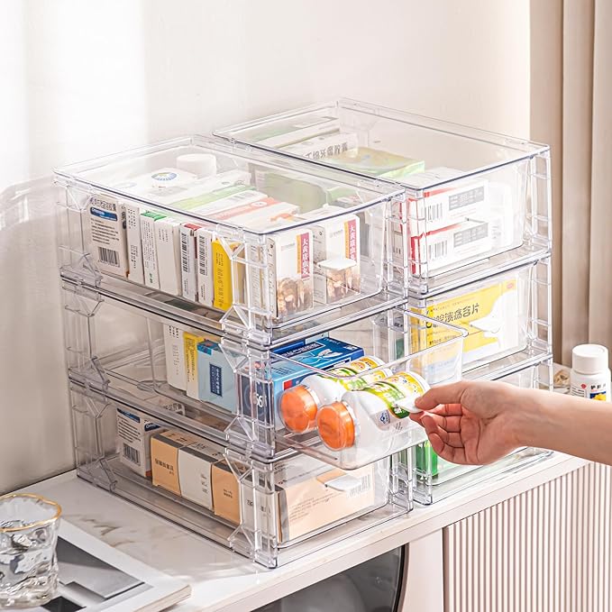 Sgoostood 6 Pack Stackable Organizer Drawers, Clear Desk Storage Box,Transparent Drawer in Home, Office and Kitchen Pull Out Organizer Bins for Make Up, Pen, Desktop Stationary (6 Pack)